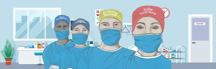 NHS theatre team wearing reusable named badge hats