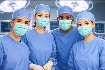 Team A wearing standard single-use theatre caps with no visible identification