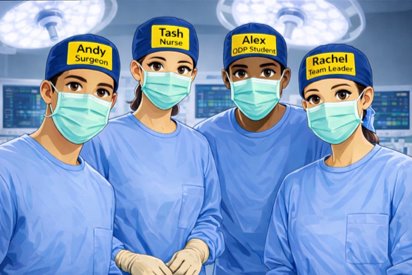 Team B wearing reusable Theatre Badge Hats showing clearly visible names and roles
